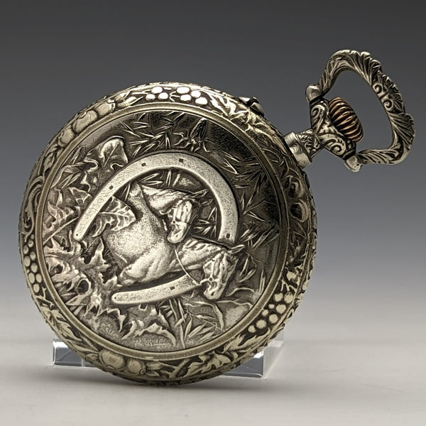 Swiss Made Vintage Enigma Pocket Watch with Horse Sculpture Alloy Case Working Good